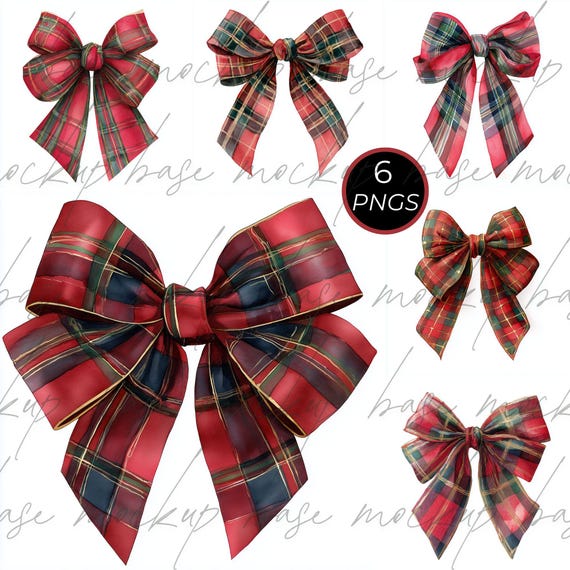 Preppy Red Tartan Plaid Bow PNG Set Grandmillennial Christmas Bow Clipart Red Coquette Bows Print on Demand Trending Red & Green Ribbons