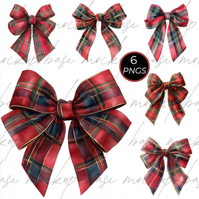 May include: Six red and green tartan bows in different sizes and designs. The bows feature a traditional plaid pattern with gold detailing. A black circle with the text "6 PNGS" is also included.