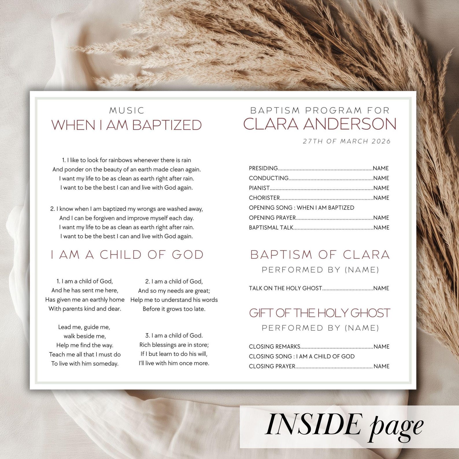 LDS Girl Baptism Program Template Watercolor Baptism Program With ...