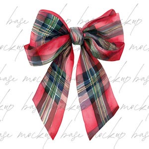May include: A watercolour illustration of a large bow with a tartan pattern in red, green, and navy blue. The bow is tied in the centre with long, flowing tails, suitable for gift wrapping or decoration.