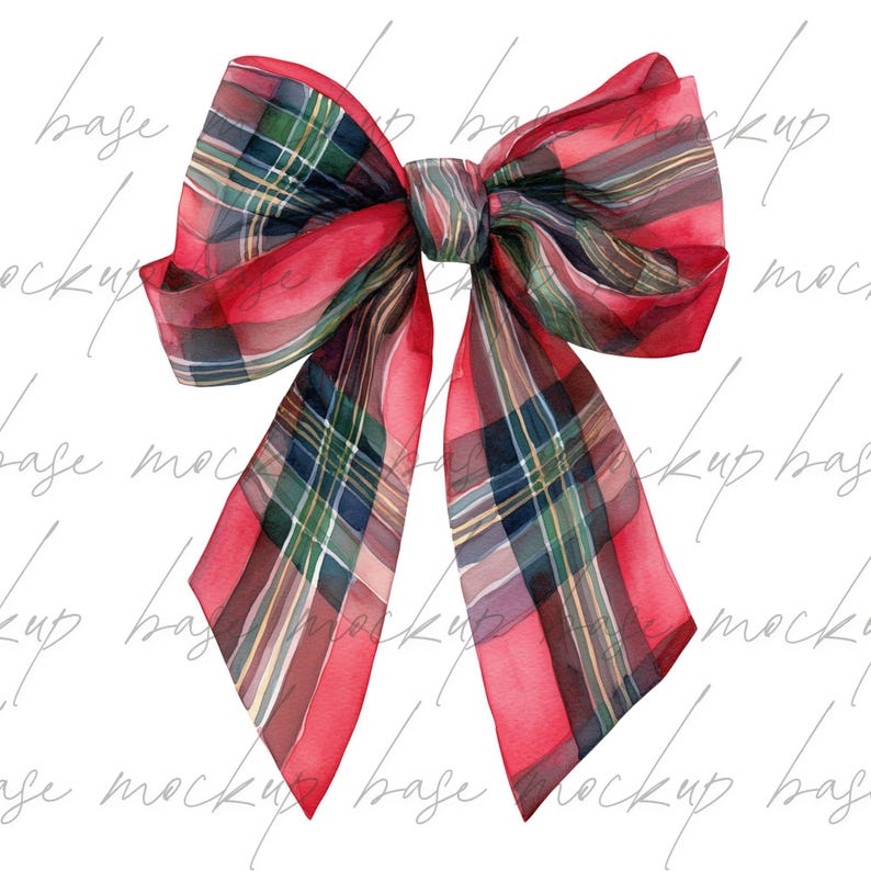 May include: A watercolour illustration of a large bow with a tartan pattern in red, green, and navy blue. The bow is tied in the centre with long, flowing tails, suitable for gift wrapping or decoration.