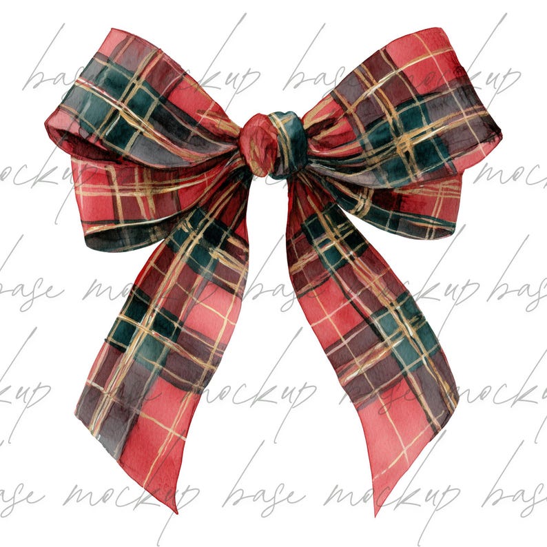 May include: A watercolour illustration of a large plaid bow. The bow features a classic red, green, and gold tartan pattern. The bow's design includes long, flowing tails, and a central knot.
