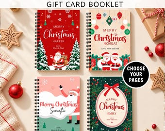 May include: Four spiral-bound Christmas gift card booklets with personalised covers. Designs include a red background with Santa, a cream background with two Santas, a pink and green background with Santa, and a dark green background with a wreath.