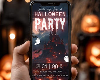 May include: A smartphone displays a Halloween party invitation. The invitation features a spooky castle, bats, ghosts, and the text "Join us for a Halloween Party." Details include the date, time, and location.