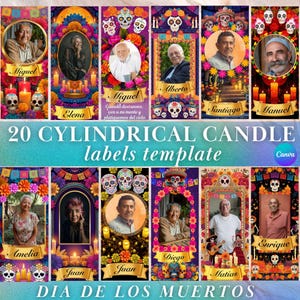 Op de afbeelding: Een sjabloon voor 20 cilindrische kaarslabels, met portretten van mensen in sierlijke frames met thema's van de Dag van de Doden. De labels bevatten namen, bloemen- en schedelversieringen en de tekst "DIA DE LOS MUERTOS".