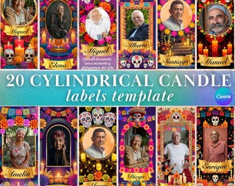 Día de los Muertos Prayer Candle Labels Day of the Dead Candles Canva Template  Editable Candle Wrapper Tall Cylinder Candle Velas Etiquetas