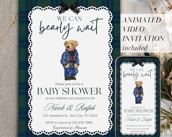 Polo Luxury Baby Shower Invitation Animated Video We Can Bearly Wait Baby Shower Invitation Template Polo Baby Shower,Tartan Plaid Invite