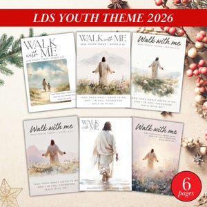May include: A collection of six cards with the text "WALK with ME" and "LDS YOUTH THEME 2026". Each card features an image of Jesus Christ and a quote from Moses 6:34. The cards are white with a red border.