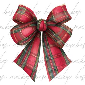 May include: A large decorative bow featuring a traditional red, green, and gold plaid design. The bow is tied in the centre with long, flowing tails. The fabric has a sheer quality, giving it a delicate appearance.