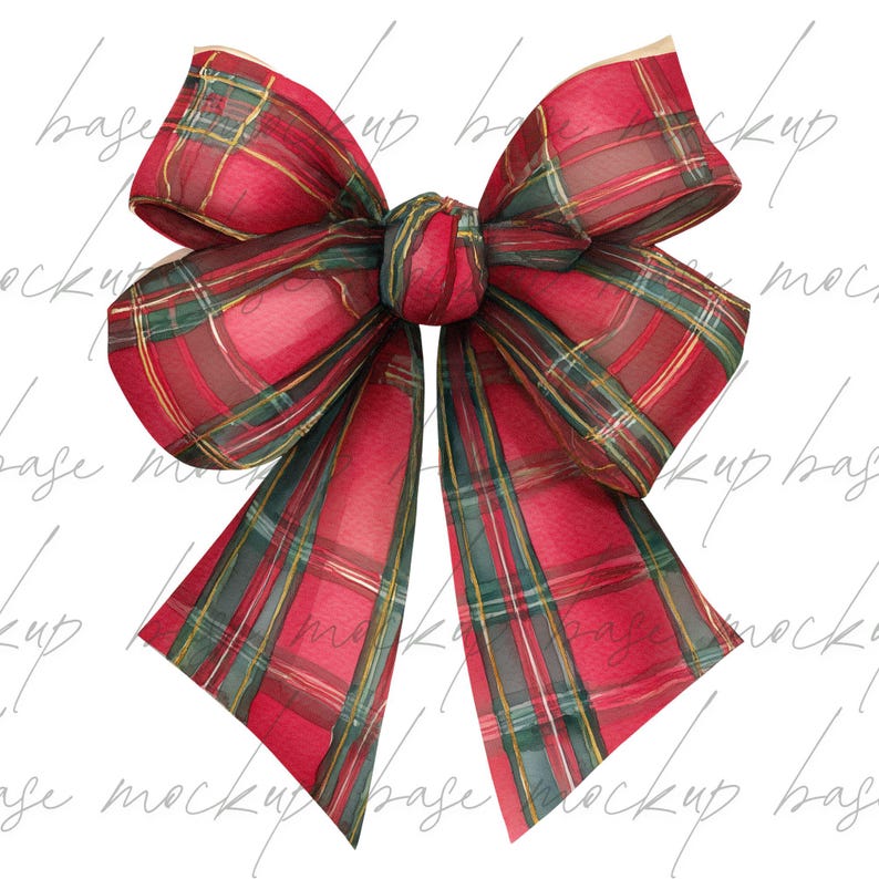 May include: A large decorative bow featuring a traditional red, green, and gold plaid design. The bow is tied in the centre with long, flowing tails. The fabric has a sheer quality, giving it a delicate appearance.