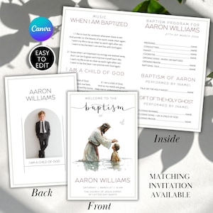 Può includere: Un programma di battesimo e un set di inviti con un'illustrazione ad acquerello di Gesù che battezza un bambino. Il fronte dell'invito recita "Benvenuti al battesimo di Aaron Williams". Il programma include data, ora e informazioni sulla chiesa.