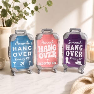 May include: Three small, suitcase-shaped containers with grey trim and wheels. Each has a different coloured background: blue, pink, and purple. White text on each reads "Hang Over Recovery Kit" with a name above. The blue case has a cocktail glass, airplane, and palm tree.