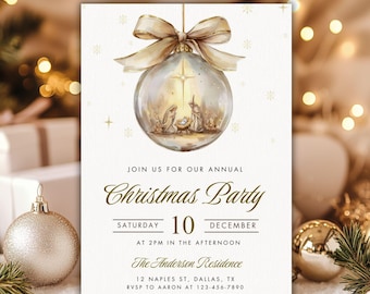 Nativity Christmas Invitation Nativity Scene Xmas Invite Gold Ornament Christmas Card Religious Invite Elegant Gold Bow Ornament Invitation