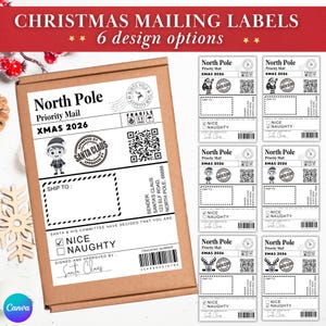 Op de afbeelding: Een set van zes kerstverzendlabels met North Pole Priority Mail-branding voor XMAS 2026. Elk label bevat een kerstmanstempel, een QR-code, een verzendveld, een selectievakje voor lief of stout en een handtekeninglijn van de kerstman.