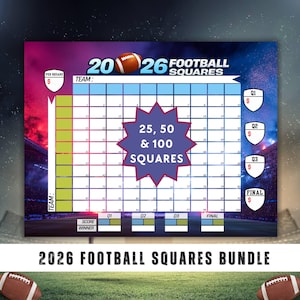 Paquete de cuadrados de fútbol imprimibles 2026, Cuadrados del gran partido 2026, Póster de quiniela de fútbol (25, 50 y 100 cuadrados), Gráfico para la fiesta del día del partido y recaudación de fondos para equipos.