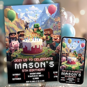 Minecrafter Geburtstagseinladung Mine Craft Theme Bday Party Gamer Geburtstag einladen Jungen Bearbeitbar Minecraft-Geburtstags-Einladung Minecrafter Party einladen