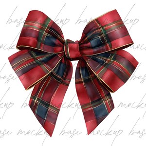 May include: A large decorative bow in a red, green, navy, and gold plaid pattern. The bow is made of a silky material and has a classic shape, suitable for festive occasions or gift wrapping.
