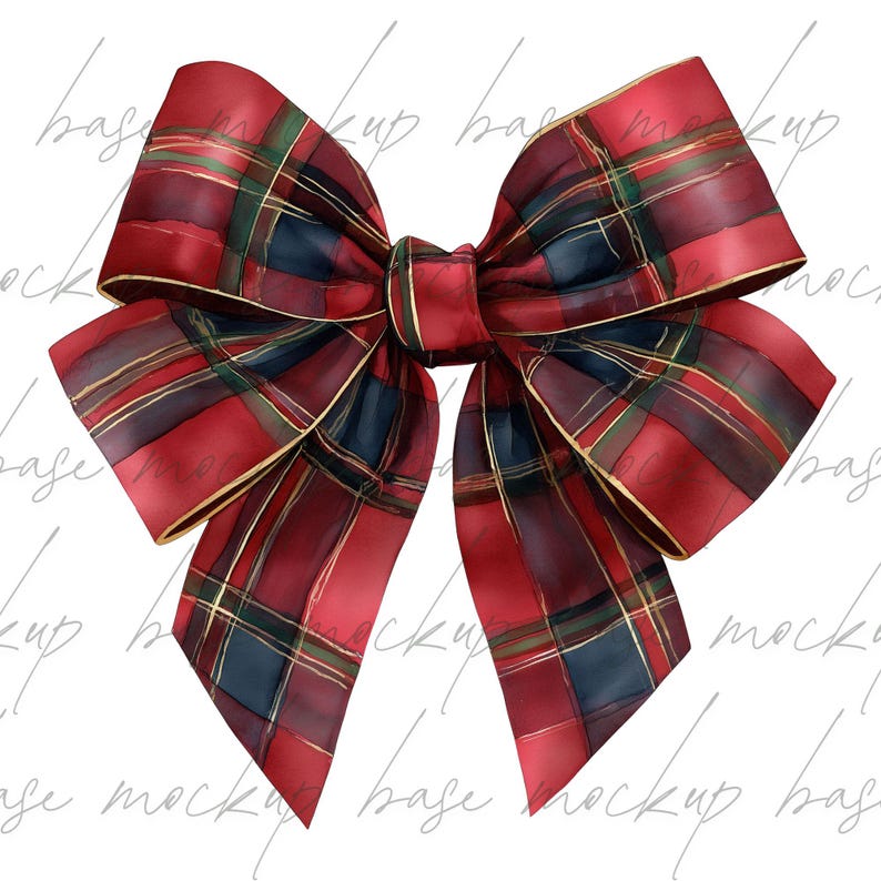 May include: A large decorative bow in a red, green, navy, and gold plaid pattern. The bow is made of a silky material and has a classic shape, suitable for festive occasions or gift wrapping.