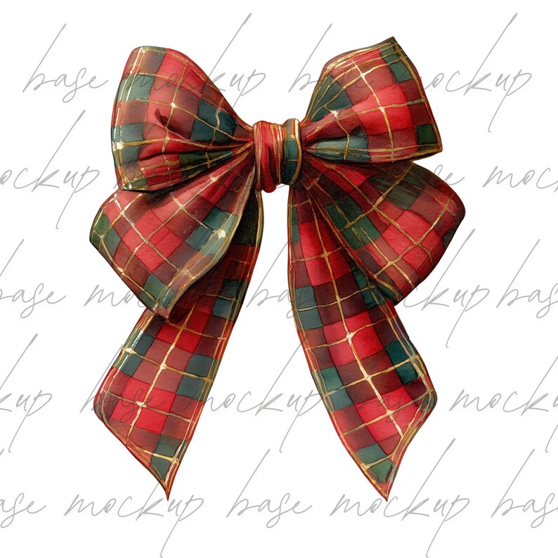 May include: A watercolour illustration of a large plaid bow. The bow features a red and green plaid pattern with gold accents. The bow is tied in the centre and has long, flowing tails. Ideal for festive decorations.