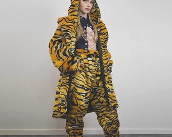 bengal tiger joggers Kunstfell Hose Tiermusterhose 00er Safari Shorts Grunge fluffy Festival Set Playsuit Latzhose Brenner Rave Outfit