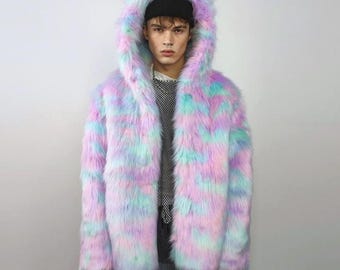 Hooded candy faux fur jacket unicorn bomber neon raver puffer fluffy tie-dye fleece psychedelic festival coat burning man party trench pink