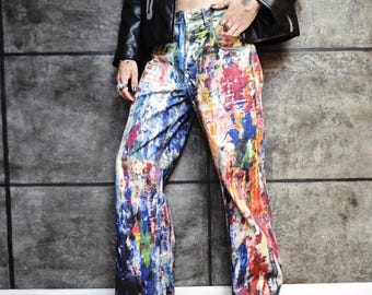 Paint splatter jeans colorful artistic denim pants unisex festival trousers rave clothing Y2K grunge streetwear joggers skate fashion outfit