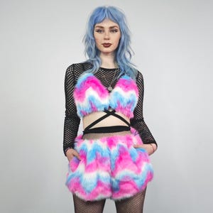 Faux fur bikini blue pink fluffy bra fuzzy festival triangle top unicorn bralette rave tankini party jumper carnival boobtube skimpy top