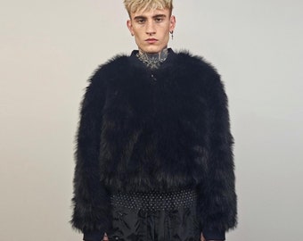 Black faux fur bomber short fluffy college bomber cropped varsity jacket gothic coat fluffy detachable sleeves festival overcoat rave fleece