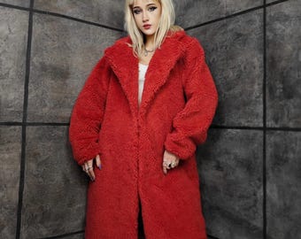 Red Teddy Trench Coat, Lambskin Fleece Jacket, Solid Sherpa