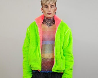 Neon green fleece rave jacket reversible fluorescent hooded party bomber fluffy coat detachable sleeve two sided overcoat fuzzy festival set