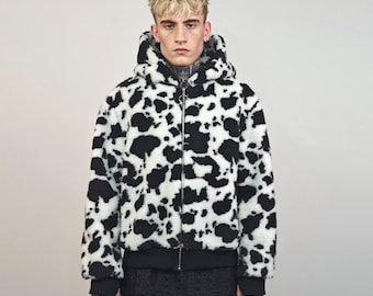 Cow print fleece varsity jacket black white bomber animal print MA1 Burner rave puffer grunge fluffy coat festival outwear Playa overcoat