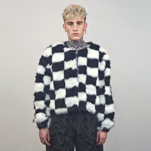 SKA krata sztuczne futro płaszcz czarno-biały w kratkę bez kołnierza kurtka w stylu lat 90. skrócona bomberka grunge puszysty festiwal odzież wierzchnia burning man