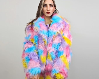May include: A colorful faux fur jacket with a pink, blue, yellow, and purple color scheme. The jacket has a long, loose fit and a collar.