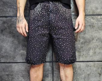 Pantalones cortos de mezclilla con adornos de diamantes negros, pantalones vaqueros con diamantes de imitación, pantalones cortos brillantes, joggers con purpurina, conjunto luminoso, bragas para festival, ajuste de playa