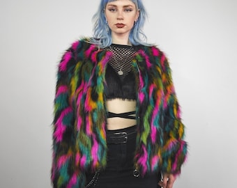 Cropped faux fur psychedelic coat black collarless 80s trench Burner rave bomber tie-dye fleece disco festival jacket going out overcoat