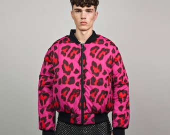 Leopard jacket neon pink animal print bomber reversible cheetah college varsity detachable sleeves handmade rave puffer grunge festival coat