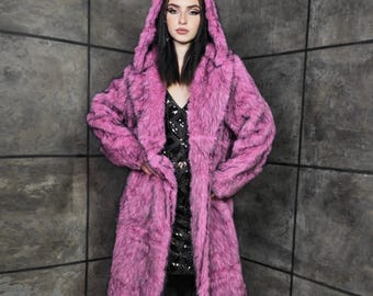 Pink Faux Fur Coat, Oil Wash 90s Trench Burner Rave Bomber, Fluffy