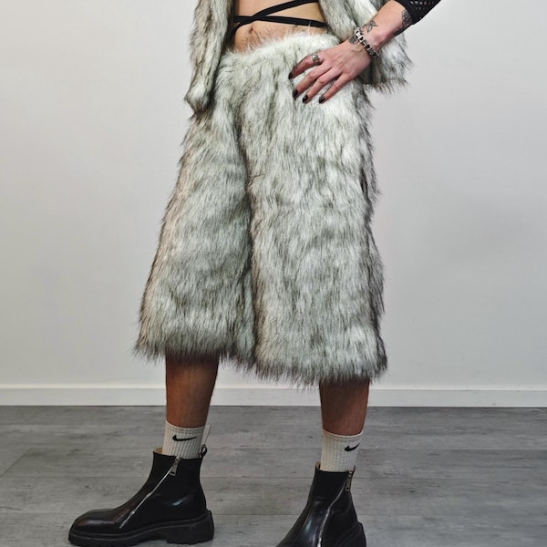 Faux fur capri shorts off white shaggy cropped trousers oil wash fluffy short pants rave overalls Y2K hip-hop trousers festival Burner fit