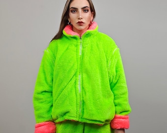 Neon green fleece rave jacket reversible fluorescent hooded party bomber fluffy coat detachable sleeve two sided overcoat fuzzy festival set
