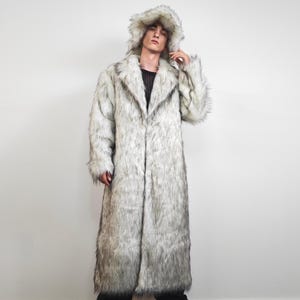 Ken faux fur coat off white long shaggy Halloween trench oil wash fluffy rave jacket Y2K hip-hop bomber festival burning man outfit overcoat