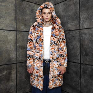 Floral faux fur coat pink 90s trench rave bomber fluffy flower print fleece Coachella festival jacket burning man going out fancy overcoat