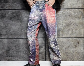 Bandana jeans boho patchwork print pants unisex paisley denim festival trousers colorful straight leg hip-hop skater vintage style bottoms