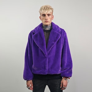 Short faux fur coat purple soft fleece trench luxury crop jacket detachable sleeves handmade pattern party overcoat fluffy festival set