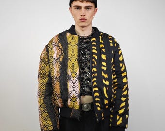 Snake varsity jacket animal print bomber python pattern college puffer detachable sleeves handmade skater coat colour block raver vest