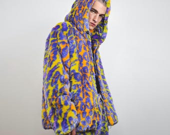 Blue orange leopard faux fur jacket neon animal print hoodie Y2K rave bomber grunge pullover fluffy festival outwear burning man overcoat