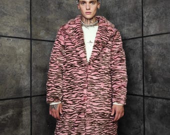 Zebra Faux Fur Coat Pink Brown Unisex Long Trench Striped Jacket