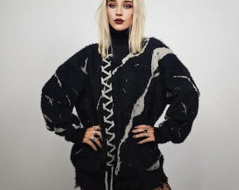 Oversized pluizige grunge-trui, gotische coltrui, mohair feel distressed breisel, uniseks Y2K Alt-vetertop, punkjacquardtrui