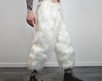 Shaggy festival joggers white fuzzy trousers faux fur shorts rave pants solid color carnival overalls fluffy outfit burning man bottoms