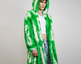 Neon Green Hooded Faux Fur Coat, Tie Dye Shaggy Jacket, Acid Rave Festival Outerwear, Abstract Pattern Trench, Unisex Grunge Outfit