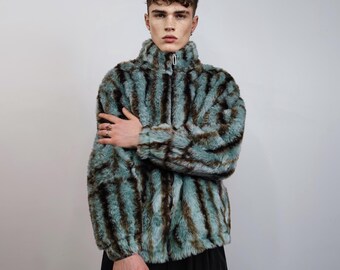 Tie-dye faux fur jacket striped coat grunge fleece imitation bomber short fluffy coat festival overcoat gorpcore sports peacoat green brown